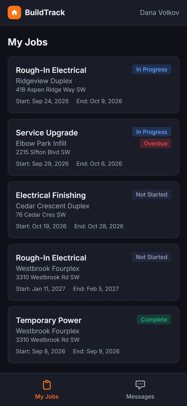 BuildTrack on a trade phone: only their own jobs, with overdue work flagged.
