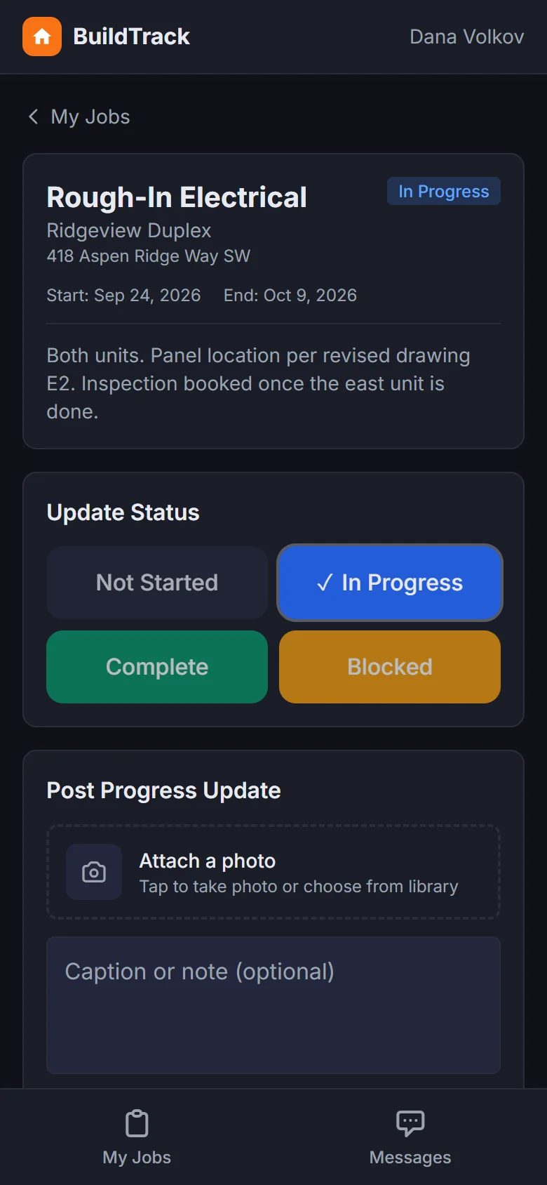 The trade phone app: one tap to update status, take a photo or leave a note from site.