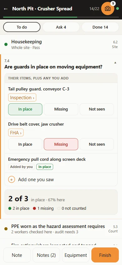 The auditor scores a site on a phone: tap In place, Missing or Not seen and the tally works itself out.