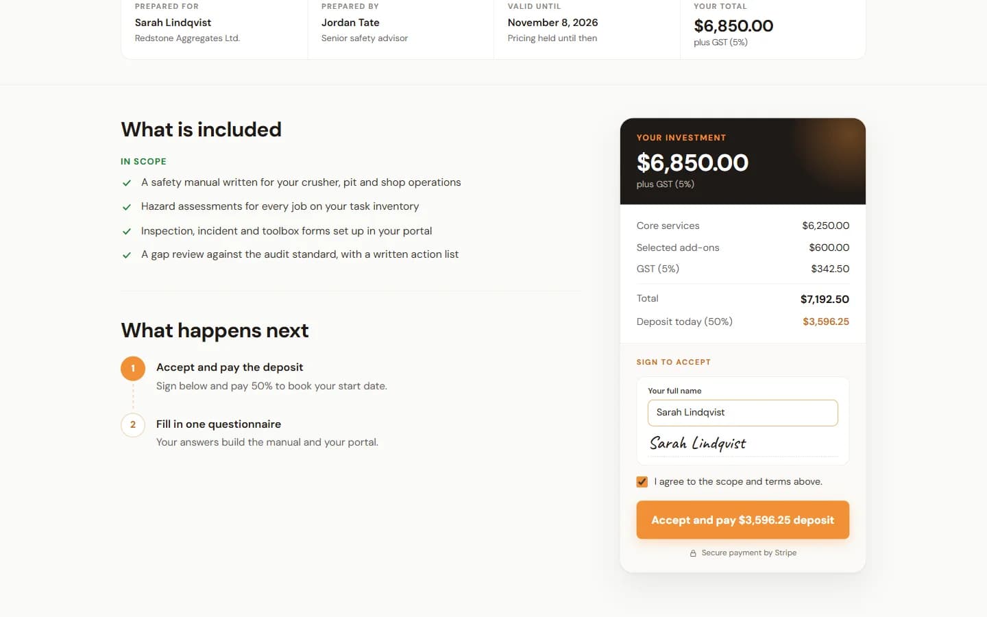 A proposal in the compliance console: the client reads the scope, signs and pays the deposit by card on the same page. Sample company.