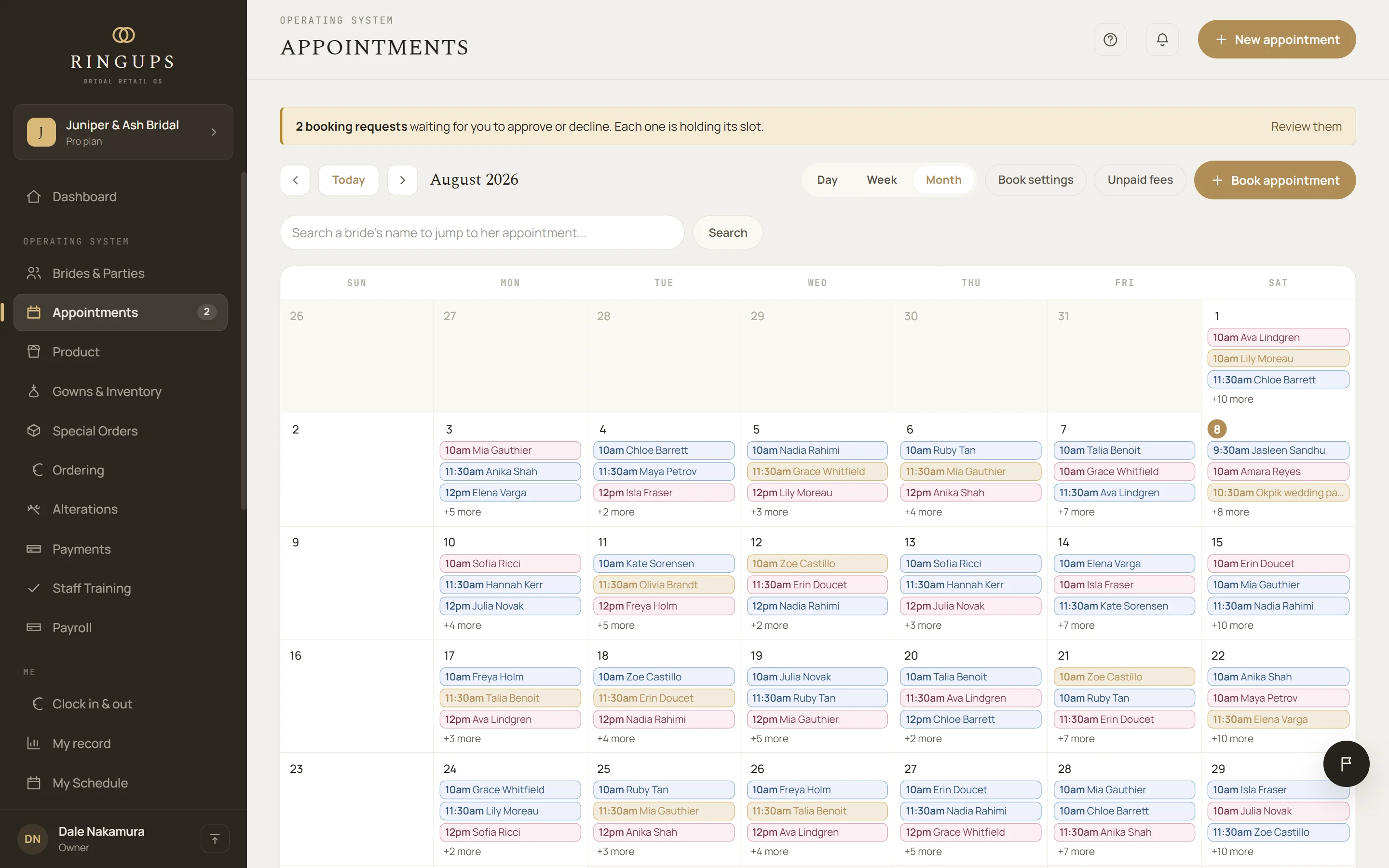 The month at a glance, colour-coded by appointment type.