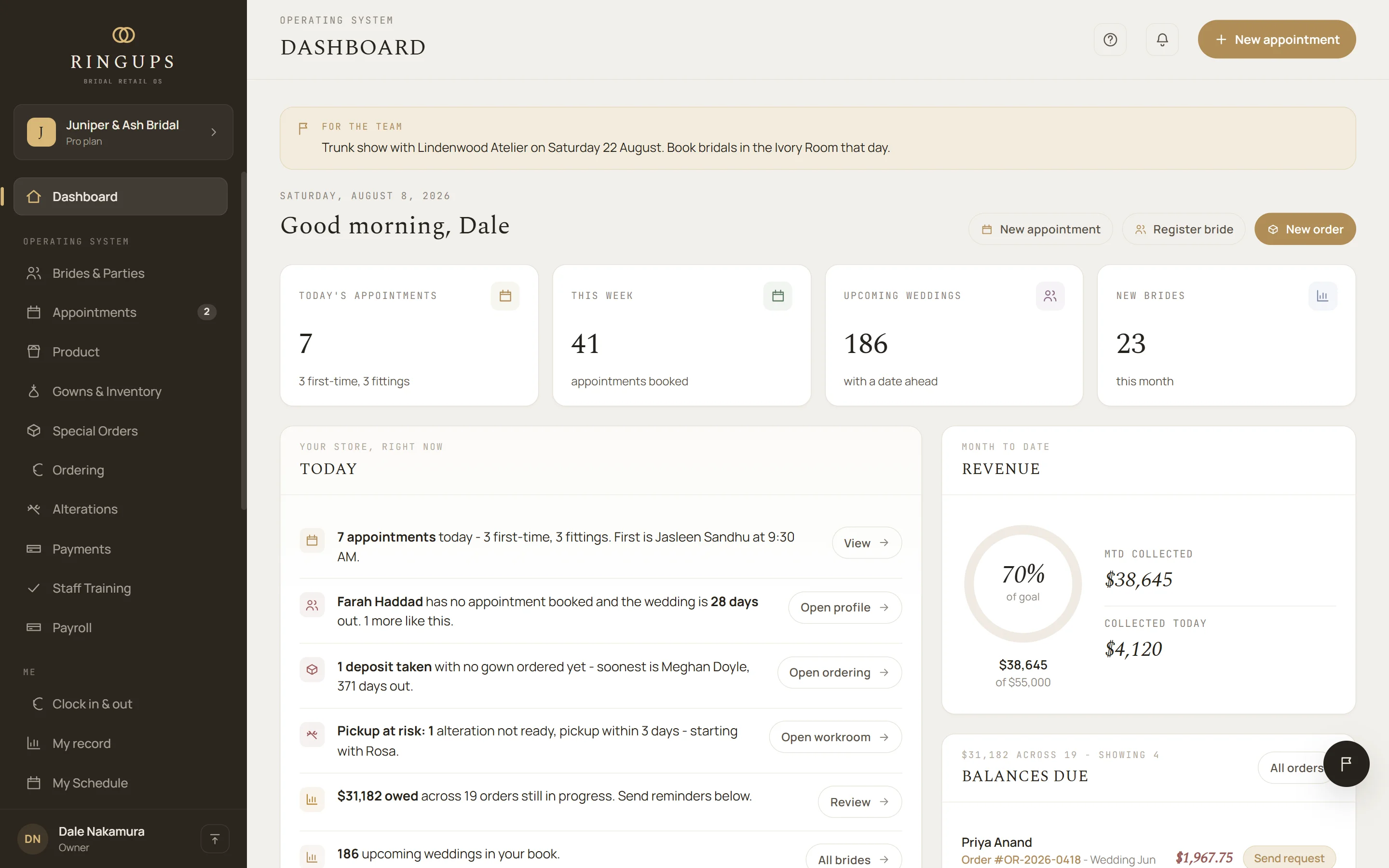 RingUps morning dashboard: the bookings for today, brides with no appointment close to the wedding, and the month so far. Sample store.