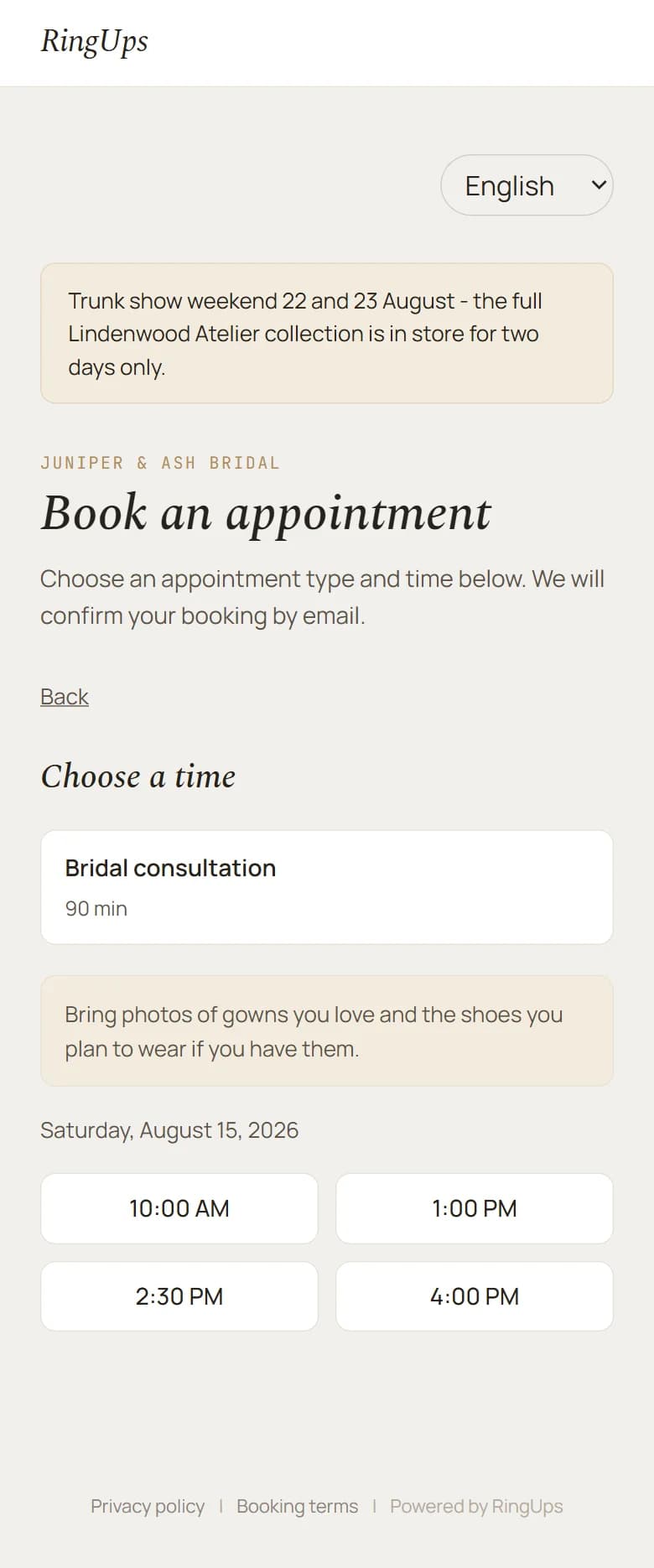 The boutique's own booking page on a phone, choosing a time from what is actually open.