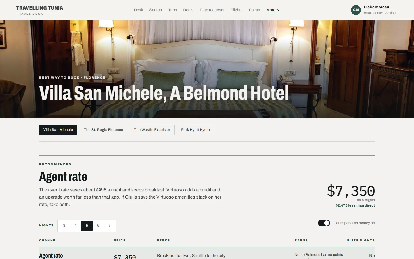 Best way to book one hotel: every channel priced for the stay, with perks counted as money off.