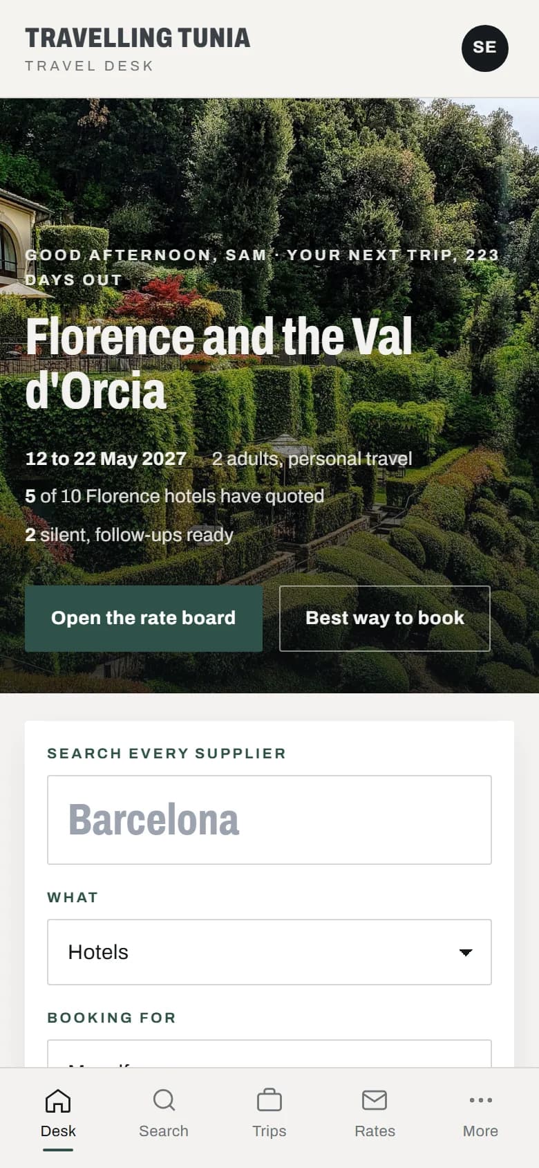 The desk on a phone: the next trip and its status at a glance, with a bottom bar for the main sections.