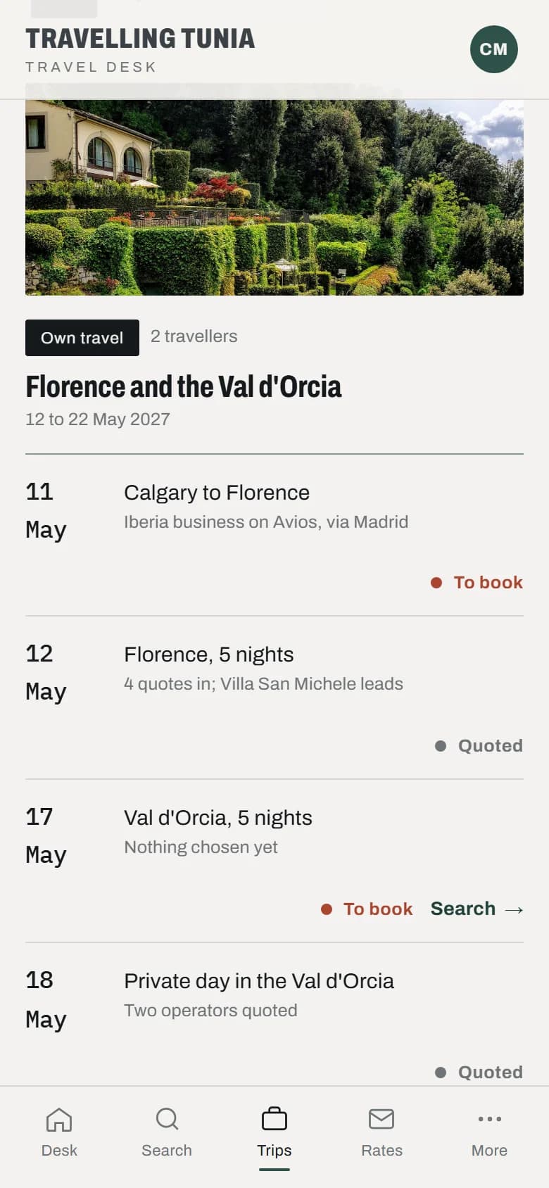 A trip on the phone, leg by leg, showing what is booked, quoted and still to book.