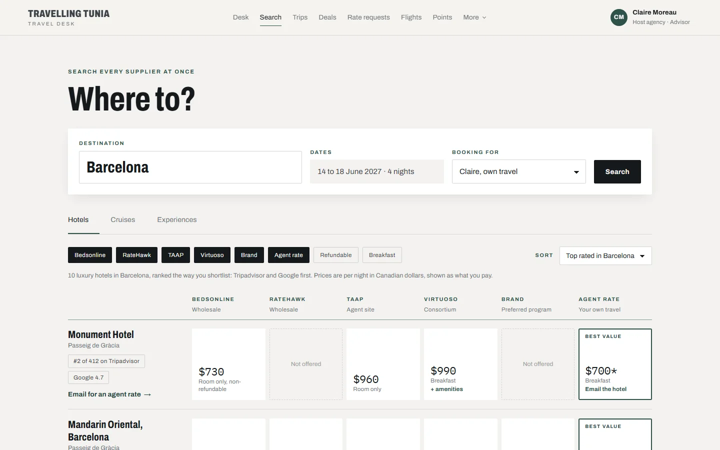 One search, every supplier side by side, with the best value marked.